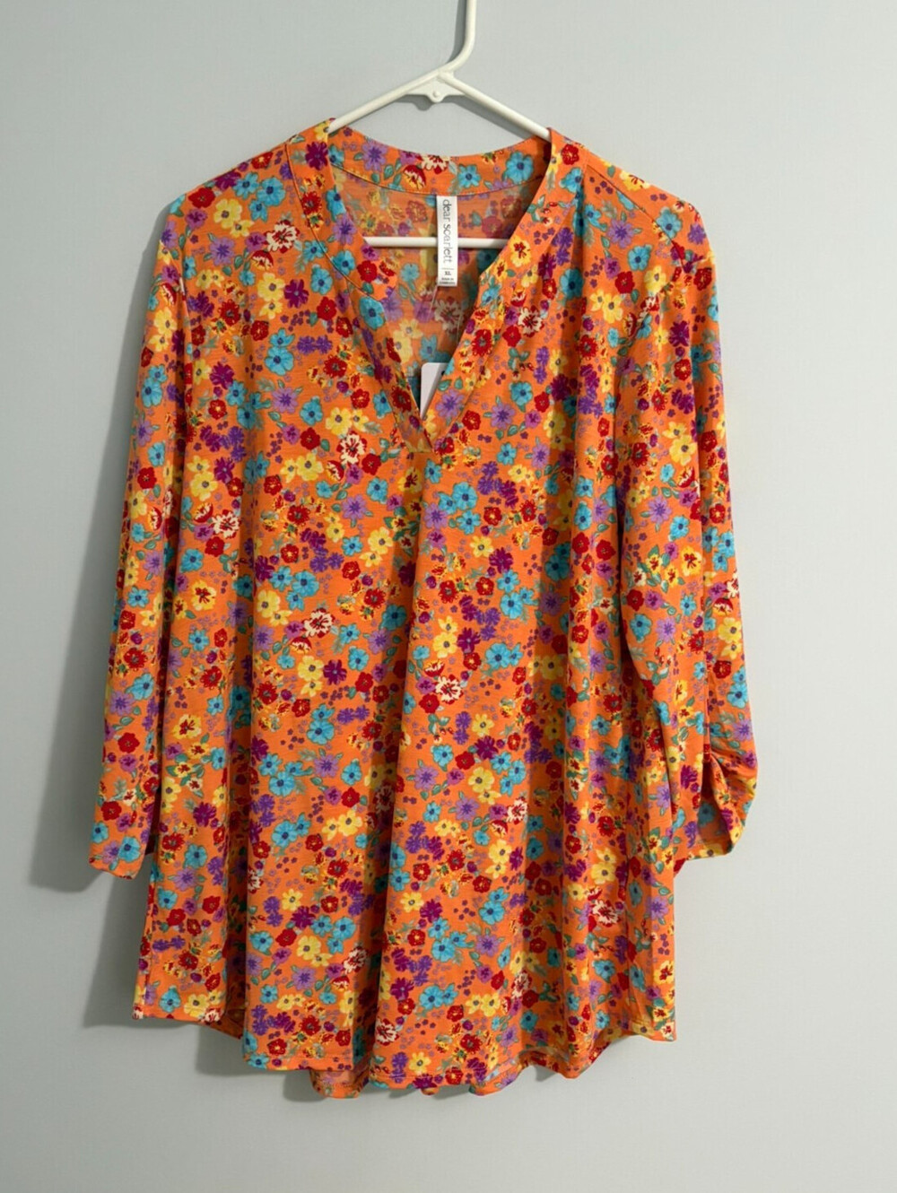 NWT Women's Dear Scarlett Floral Tunic Top XL Orange 3/4 Sleeves